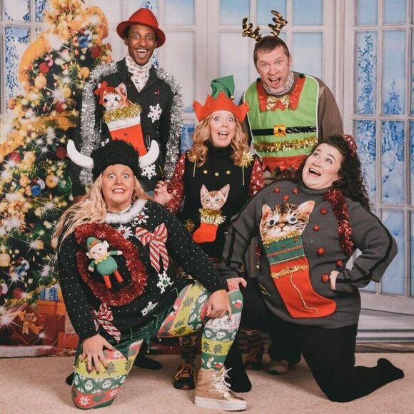 Ugly Christmas Sweater Men's size Medium Kitty Cat Googly Eyes Snowflakes Unique - Picture 6 of 6